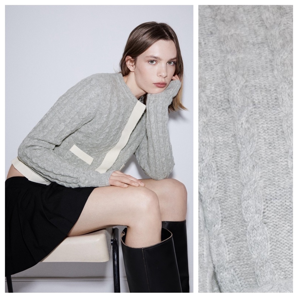 NWT. Zara Grey 100% Wool Cable-Knit Cardigan with Trims. Size L. - Picture 4 of 12